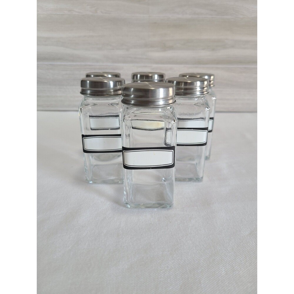 6 Set Glass Spice Jars Square Stainless Steel Lids Labels Kitchen Seasoning Herb